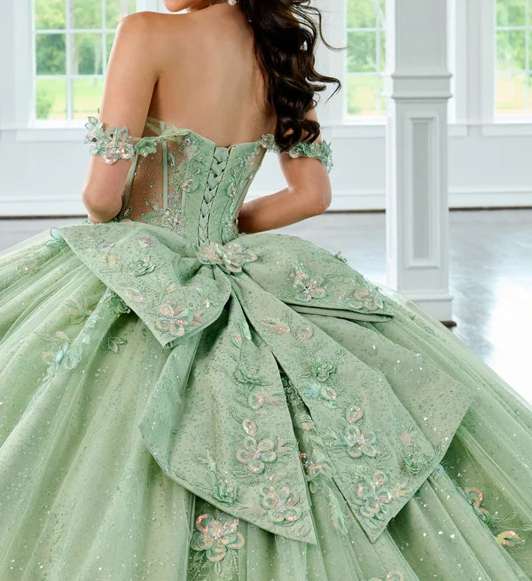 Elegant Off-the-Shoulder 3D Floral Applique Glitter Tulle Sweet 15 Quinceanera Ball Gown DP8174