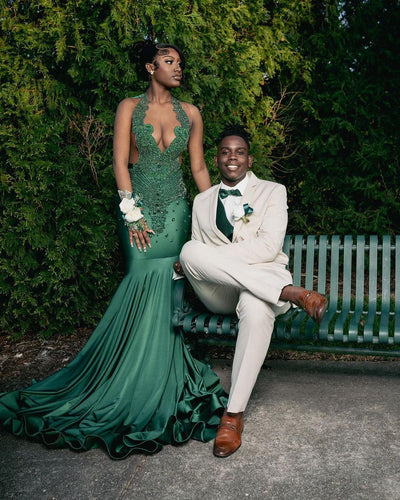 Vintage Dark Green Glittering Beaded Prom Dress Halter-neck Evening Gown Mermaid Party Dress Long Formal Dress DP6826