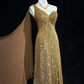 Robe de bal fourreau à sequins dorés, asymétrique, fendue jusqu'à la cuisse, DP7110
