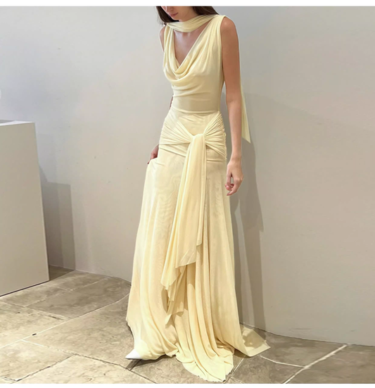 Elegant Burgundy Draped Cowl Neck Backless Maxi Prom Gown Evening Dress DP8054