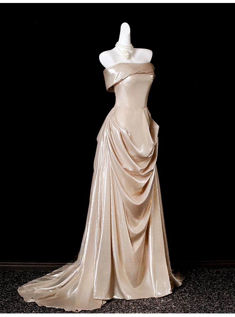 Vintage Champagne Strapless Prom Dress Sheath Evening Gown Satin Party Dress Long Formal Dress DP6907