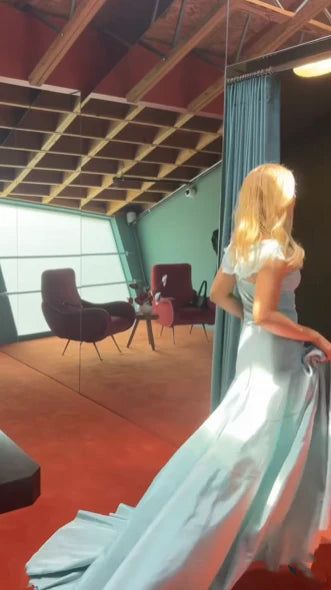 Elegant Dusty Blue Off-the-Shoulder Ruffled Satin A-Line Prom Gown Evening Dress DP8059