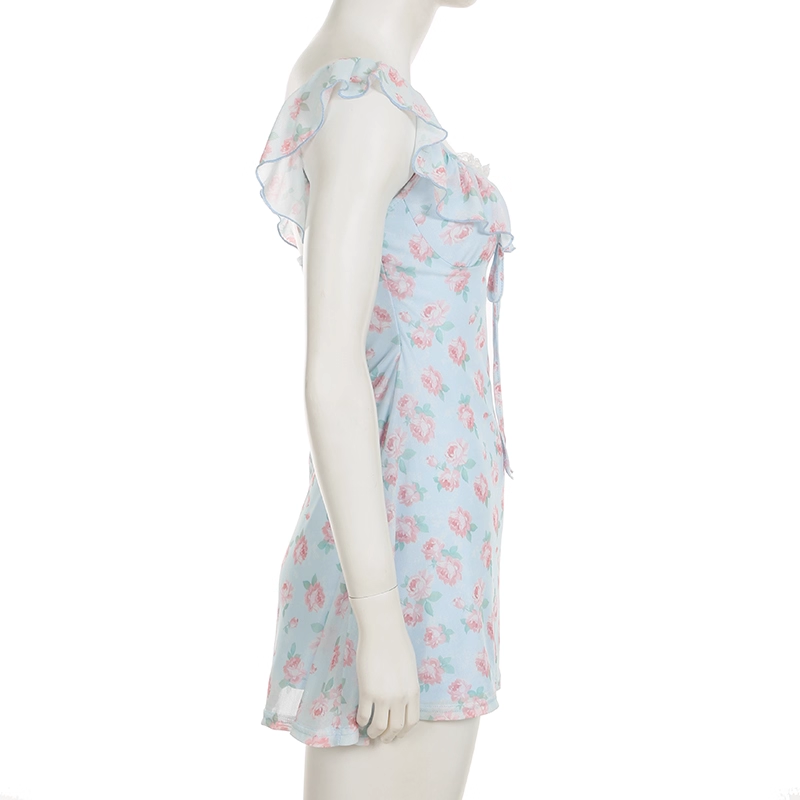 Cute Light Blue Floral Square-neck A-Line Short Summer Dresses Party Dress Homecoming Dress DP6343