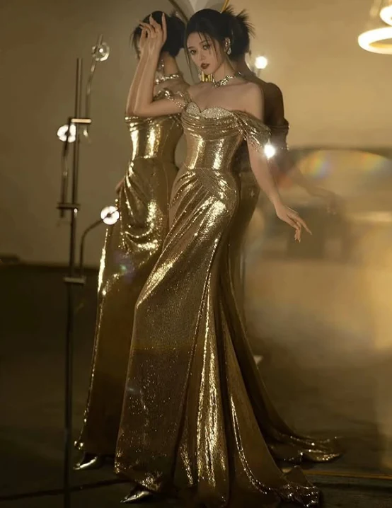 Champagne Gold Off Shoulder Mermaid Sequins Long Evening Party Dresses, DP5512
