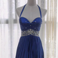 Vintage Navy Blue Halter-Neck Evening Gown Beaded Bodice Pleated Satin Floor-Length Prom Dress DP7608