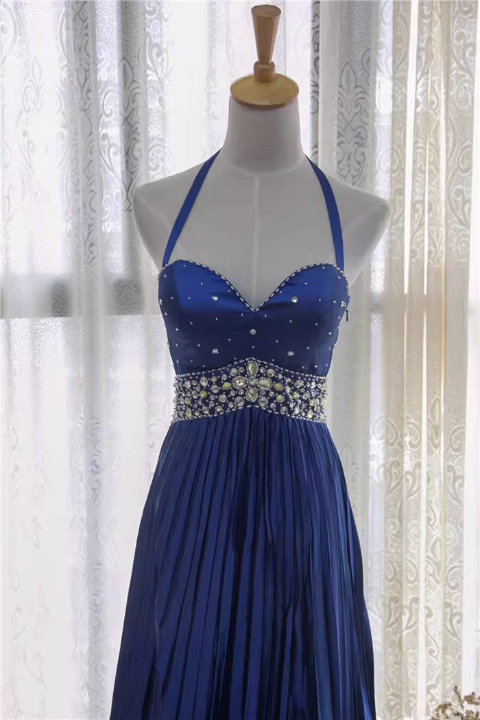 Vintage Navy Blue Halter-Neck Evening Gown Beaded Bodice Pleated Satin Floor-Length Prom Dress DP7608