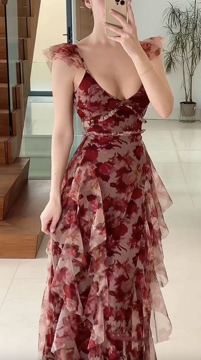 Elegant Burgundy Floral Print V-Neck Spaghetti Strap Tiered Ruffle Tulle Evening Gown DP8585