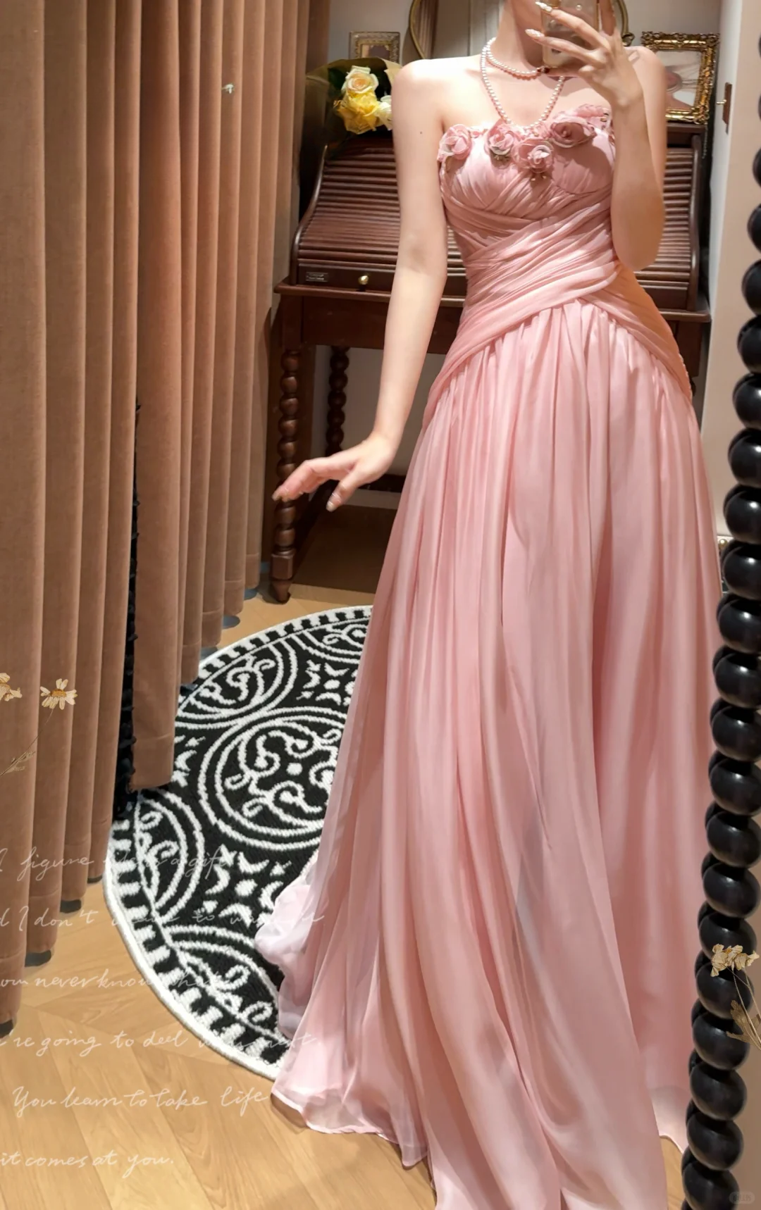 Vintage Pink Strapless Chiffon 3D Floral Draped Romantic Evening Gown DP7259