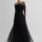 Black Off Shoulder A-Line Tulle Long Prom Dress Evening Gown, DP2946