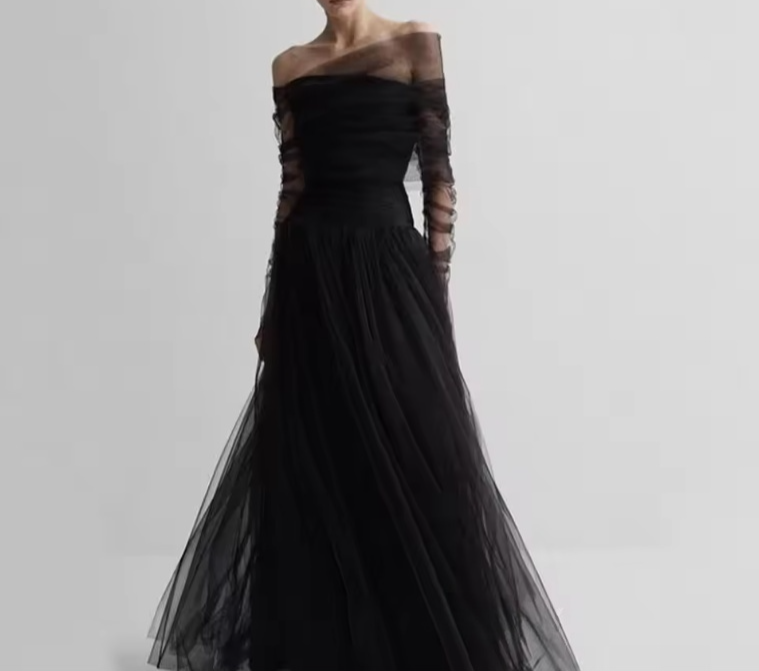 Black Off Shoulder A-Line Tulle Long Prom Dress Evening Gown, DP2946