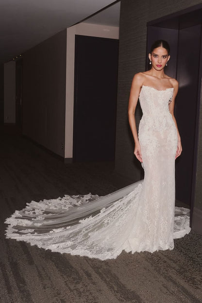 Glamouröses trägerloses Meerjungfrauen-Brautkleid mit Kathedralschleppe aus Spitze DP8422
