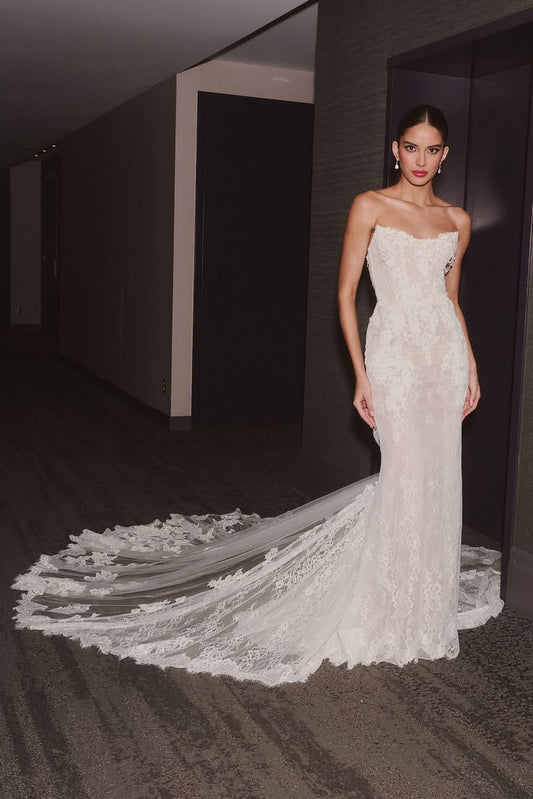 Glamorous Strapless Lace Mermaid Cathedral Train Wedding Dress DP8422