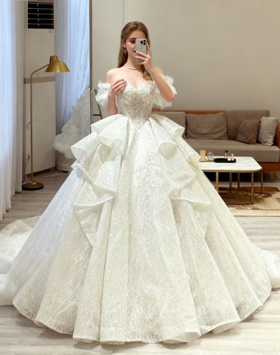 Vintage Off-the-Shoulder Sparkly Glitter Ruffle Tiered Long Train A-Line Wedding Dress DP8611