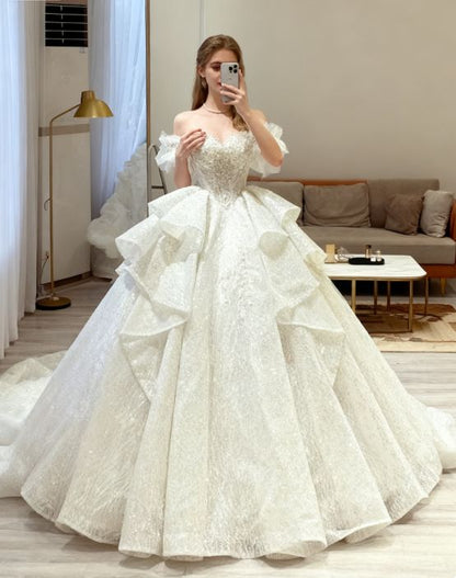 Vintage Off-the-Shoulder Sparkly Glitter Ruffle Tiered Long Train A-Line Wedding Dress DP8611