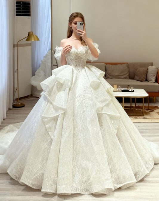 Vintage Off-the-Shoulder Sparkly Glitter Ruffle Tiered Long Train A-Line Wedding Dress DP8611