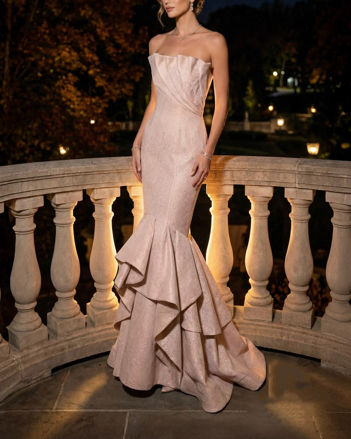 Elegant Strapless Tiered Ruffle Mermaid Evening Gown DP8716