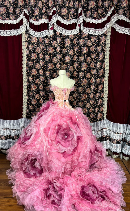 Rosa Quinceanera-Kleid mit 3D-Blumen und Perlen, Abend- und Ballkleid, DP6267