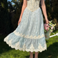 Vintage Blue Floral V-Neck Puff Sleeve Light Evening Gown DP8005
