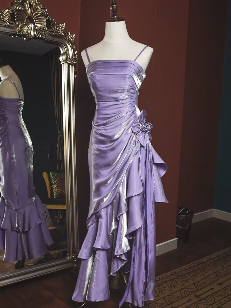 Sky Blue Straps Vintage Floral Asymmetrical Hem Long Prom Dress, DP3138