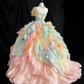 Unique Pastel Rainbow Strapless 3D Floral Applique Ruffled Layers Sweet 16 Quinceanera Ball Gown DP7273