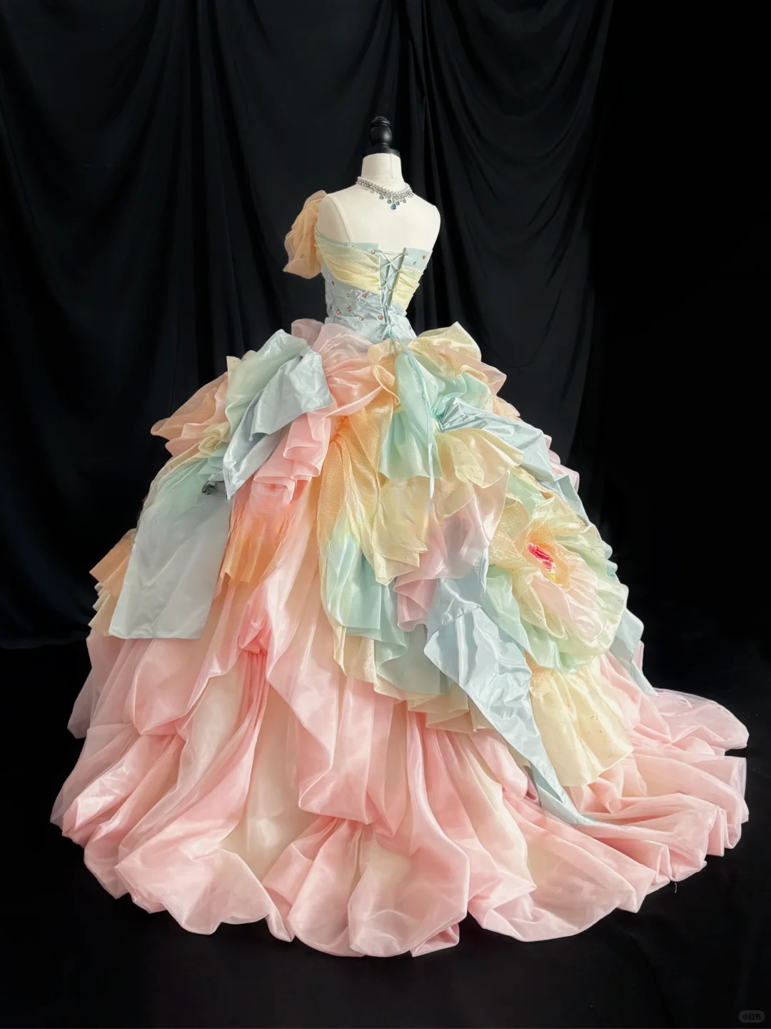 Unique Pastel Rainbow Strapless 3D Floral Applique Ruffled Layers Sweet 16 Quinceanera Ball Gown DP7273