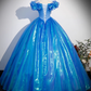 Vintage Blue Off-the-shoulder Tulle Sweet 16 Quinceanera Cinderella Style Evening Dress A-Line Floor Length Ball Gown DP6914
