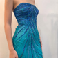 Blue Strapless Mermaid Sequins Vintage Long Party Dress, DP3987