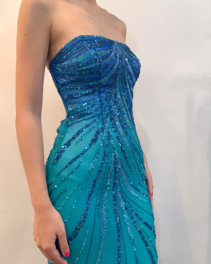 Blue Strapless Mermaid Sequins Vintage Long Party Dress, DP3987