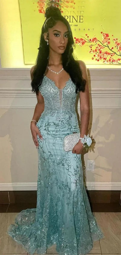 Enchanted Aqua Blue Plunge V-Neck Sequin Prom Dress Mermaid Spaghetti Strap Evening Gown DP7917