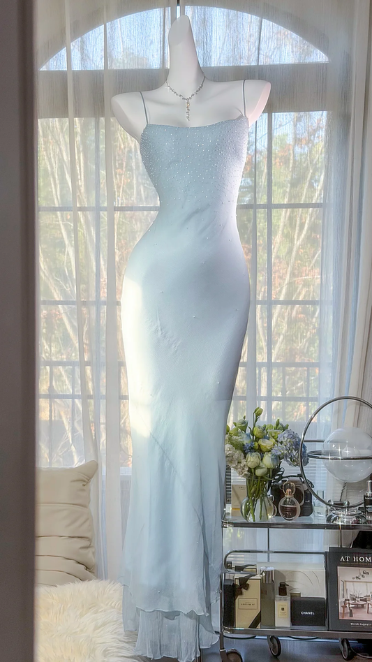 Elegant Light Blue Beaded Mermaid Prom Dress Spaghetti Strap Evening Dress DP8123