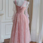 Vintage Pink Tulle Prom Dress Floral Applique Sheer Tulle Sleeves Evening Gown DP8286