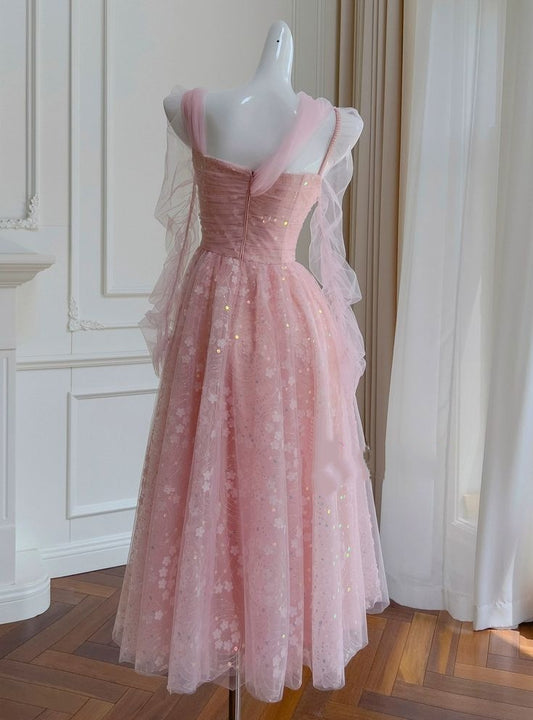 Vintage Pink Tulle Prom Dress Floral Applique Sheer Tulle Sleeves Evening Gown DP8286