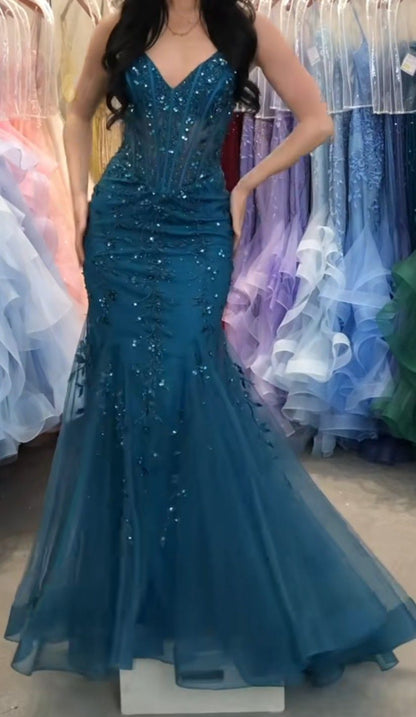 Elegant Teal Spaghetti Strap V-Neck Mermaid Floral Lace Beaded Tulle Formal Prom Dress DP8630