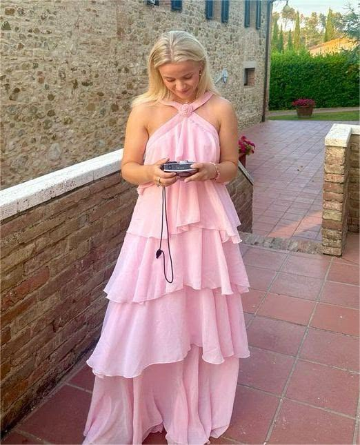 Elegant Pink Halter-Neck Tiered Ruffle Chiffon Prom Dress DP8453