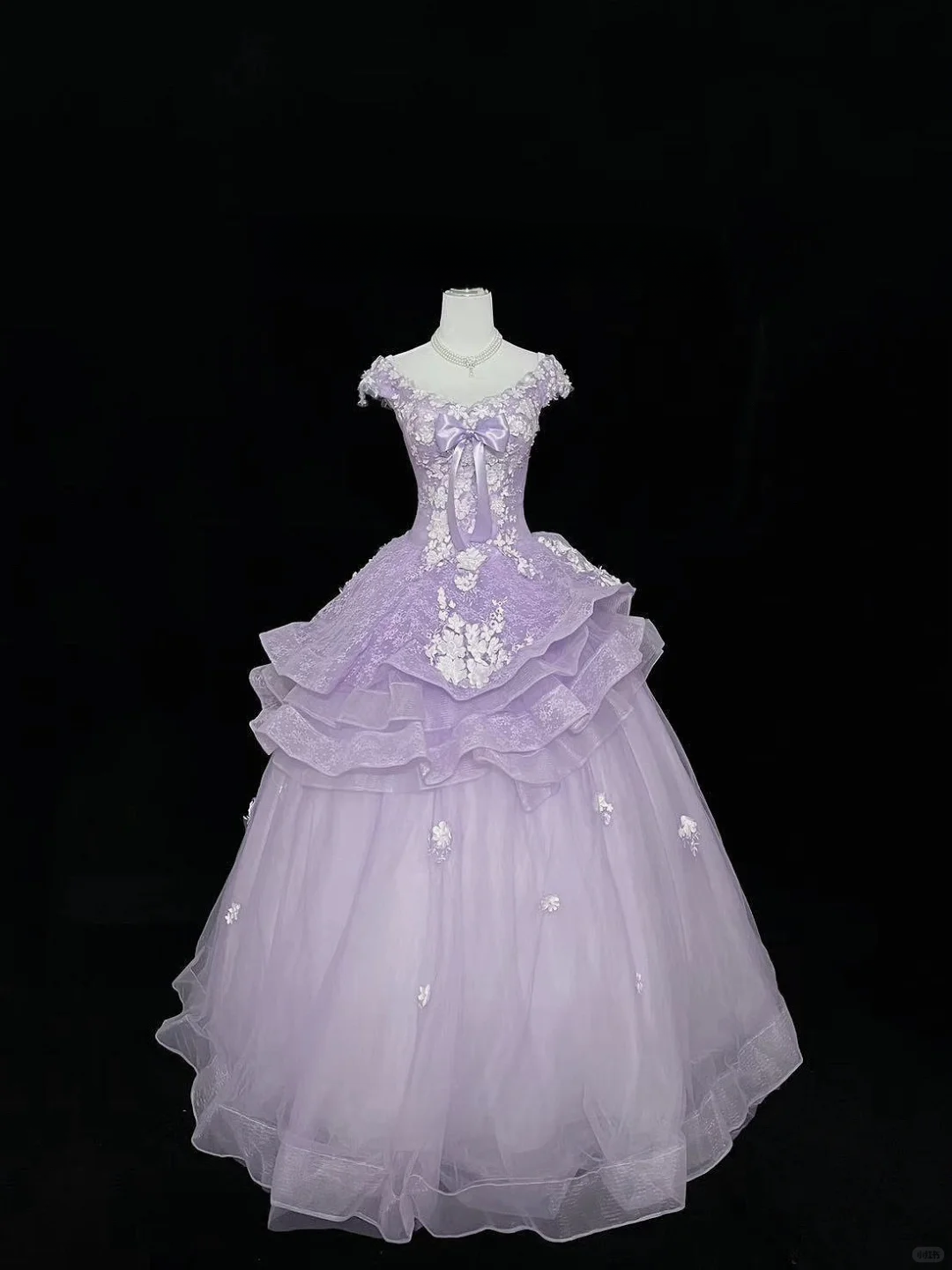 Chic Lavender Off-the-Shoulder 3D Floral Applique Bow Sweet 16 Quinceanera Ball Gown DP7369