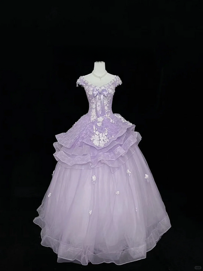 Chic Lavender Off-the-Shoulder 3D Floral Applique Bow Sweet 16 Quinceanera Ball Gown DP7369