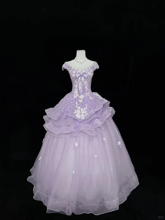Chic Lavender Off-the-Shoulder 3D Floral Applique Bow Sweet 16 Quinceanera Ball Gown DP7369