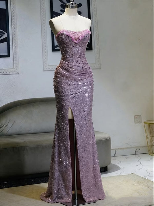 Glamorous Mauve Sequin Mermaid Gown Strapless High Slit Prom Dress DP8046