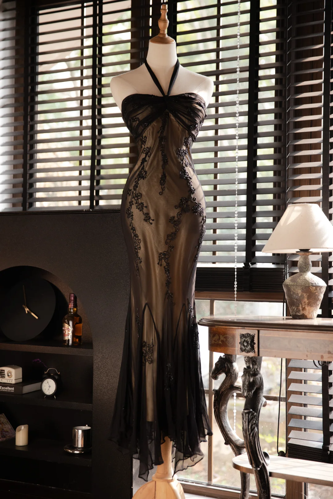 Vintage Black Applique Design Elegant Chiffon Evening Dress Prom Dress DP6017
