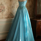 Glamorous Turquoise Satin Strapless A-Line Embellished Waist Prom Dress DP7654