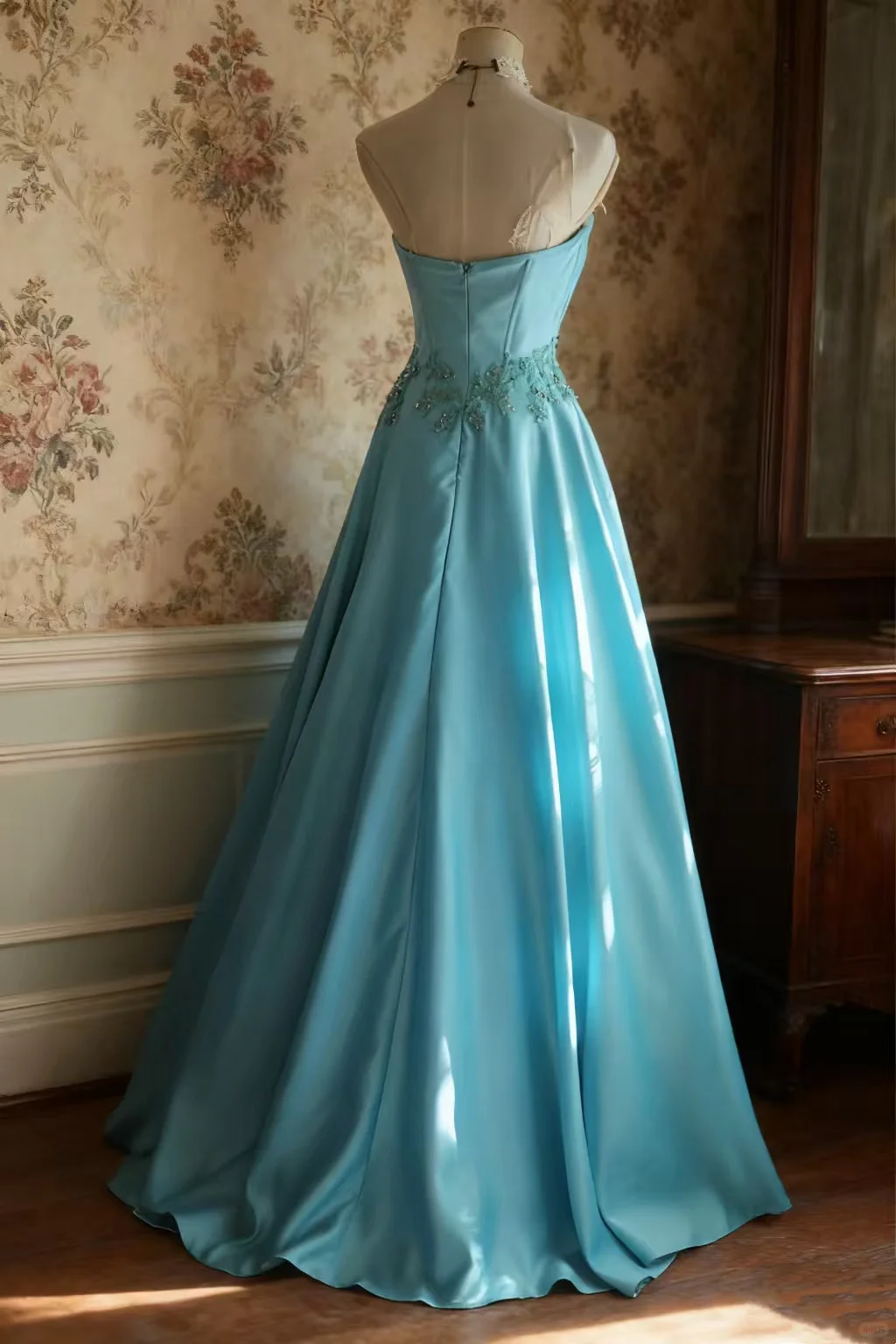 Glamorous Turquoise Satin Strapless A-Line Embellished Waist Prom Dress DP7654