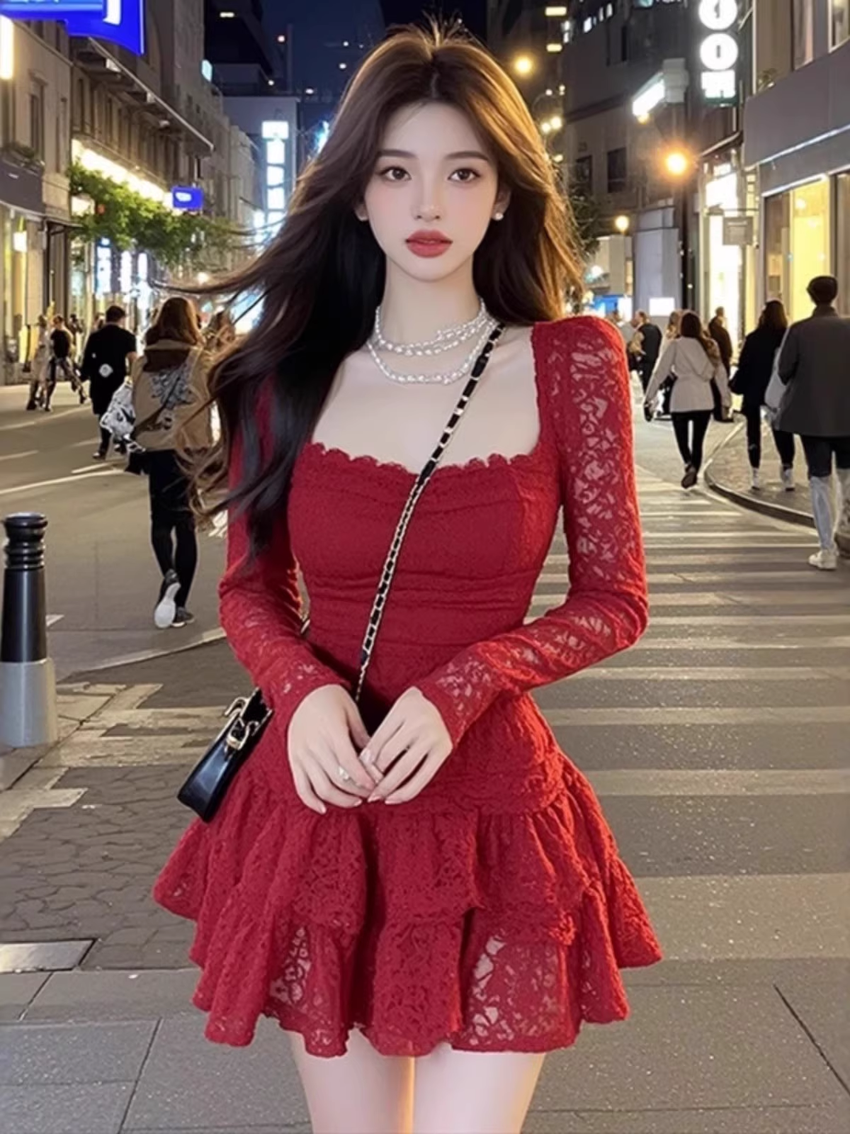 Vintage Burgundy Lace Long-sleeve A-Line Tiered Homecoming Dress Party Dress Cocktail Dress DP6706