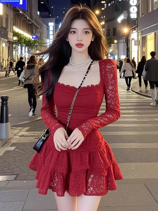 Vintage Burgundy Lace Long-sleeve A-Line Tiered Homecoming Dress Party Dress Cocktail Dress DP6706
