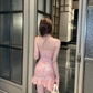 Vintage Pink Floral Sequin Spaghetti Strap Mini Ruched Ruffle Hem Bodycon Homecoming Dress DP8819