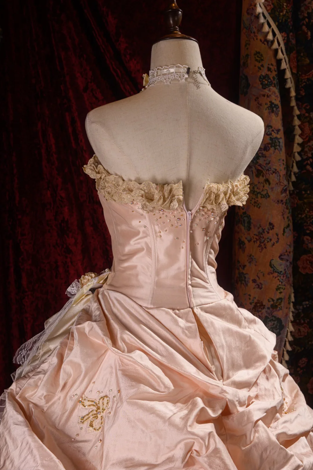 Elegant Pink Strapless Ruffled Tiered Gold Beaded Embroidery Sweet 16 Quinceanera Ball Gown DP7411