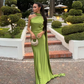 Yellow Halter Backless Mermaid Satin Long Formal Dress Evening Gown, DP3583