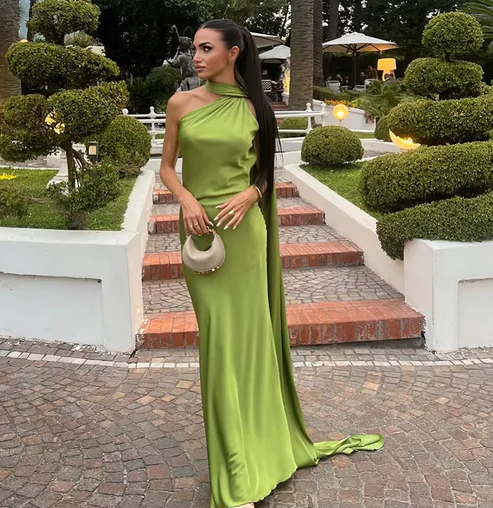 Yellow Halter Backless Mermaid Satin Long Formal Dress Evening Gown, DP3583