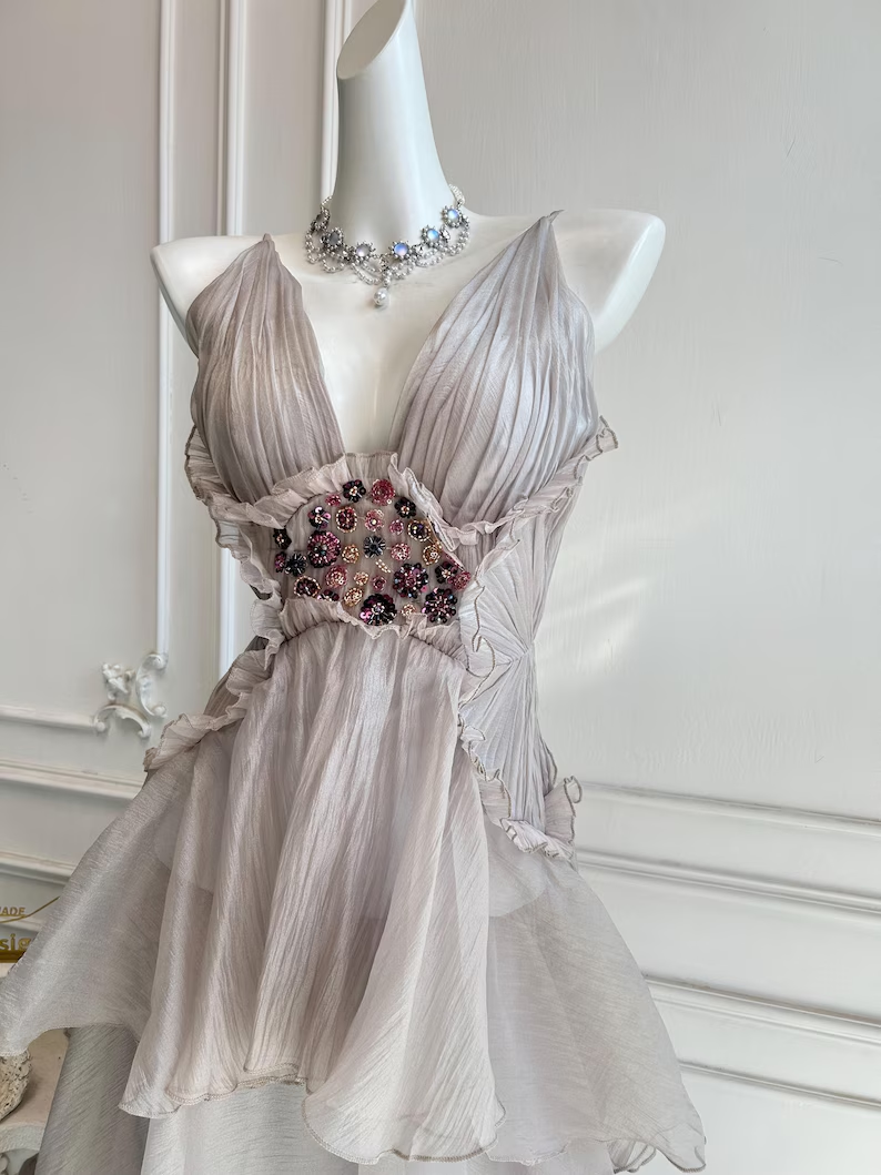 Elegant Ruffled Layered V-Neck Beaded Tiered Evening Dress DP8398