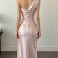 Elegant Pink Satin One-Shoulder Draped Sheath Prom Dress DP8786