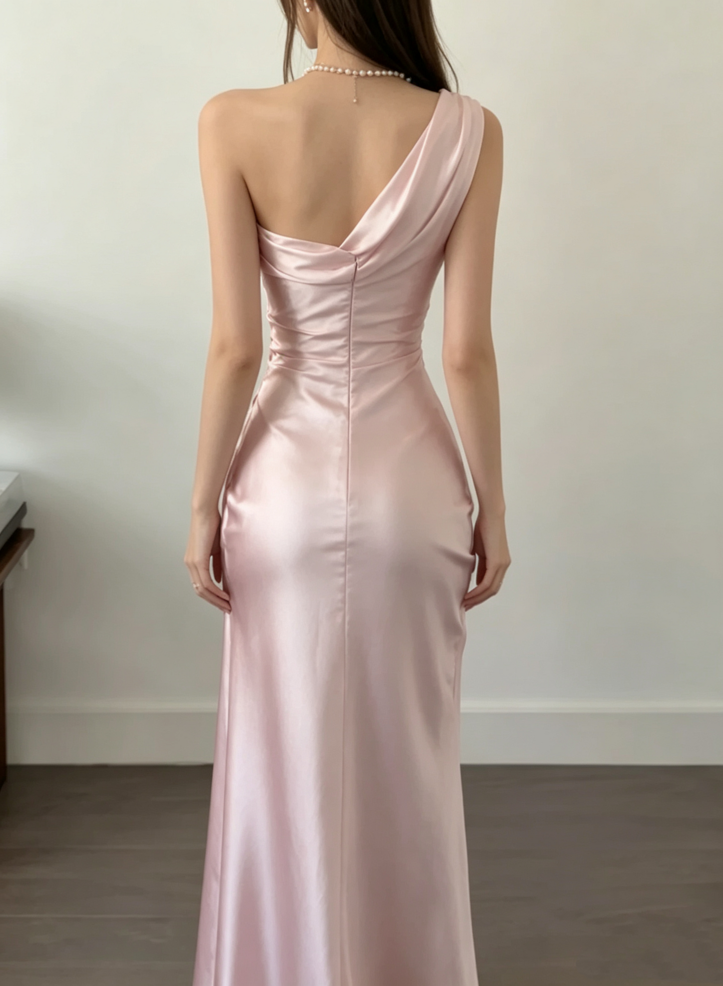 Elegant Pink Satin One-Shoulder Draped Sheath Prom Dress DP8786